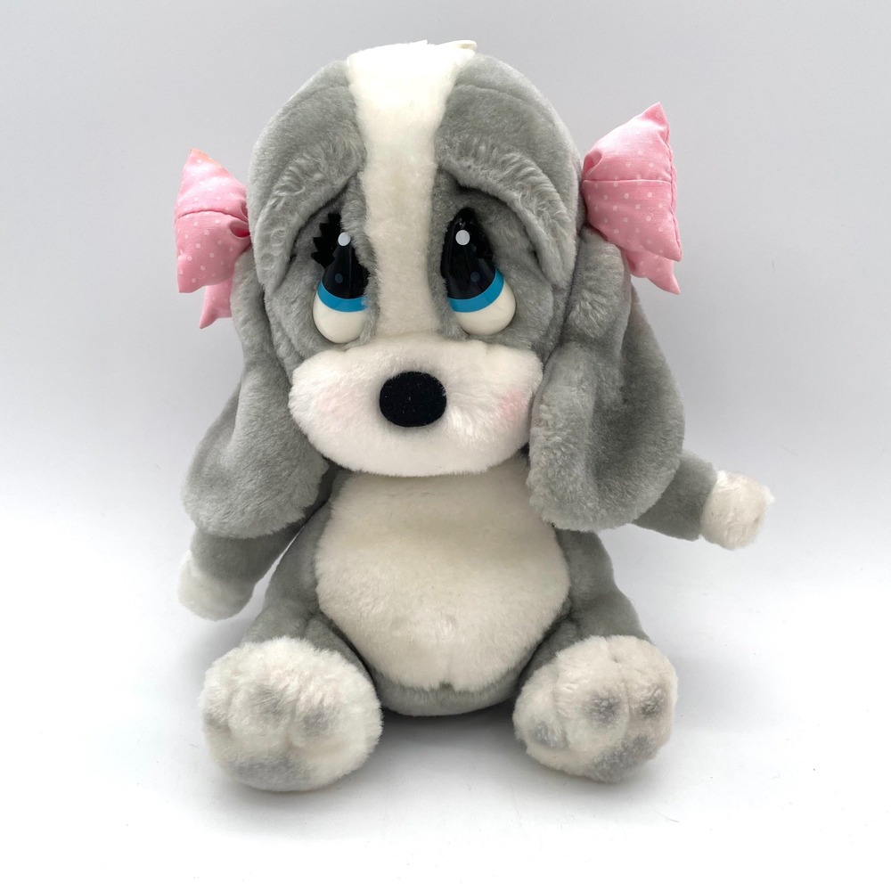 Applause Plush Puppy Dog Vintage Kids Gray White Pink Good Sad Eyes Bows
